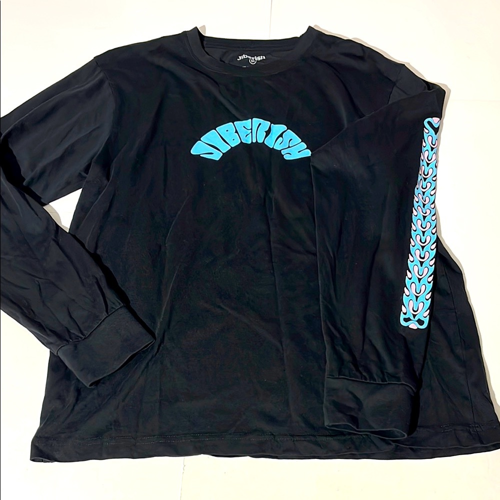 Jiberish Vibey Long Sleeve Black Shirt with Blue Graphics Pink Flames Medium
